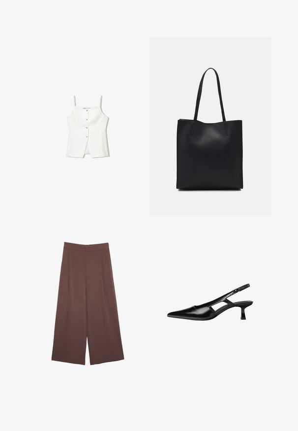 Biała bezrękawnik z guzikiem z przodu, bocznymi kieszeniami i dopasowanym krojem z lekko rozszerzaną dolną częścią. Gładka tekstura, minimalne detale.; Brązowe spodnie o szerokich nogawkach z gładką fakturą, z wysokim stanem i plisami z przodu. Materiał jest lekki i luźno opada.; Czarne lakierowane czółenka na odkrytej pięcie z wąskim noskiem, z wykrojem po bokach i małym kwadratowym obcasem. Gładka faktura z minimalnymi akcentami.; Czarna skórzana torba tote o gładkiej fakturze, prostokątnym kształcie i dwóch długich uchwytach. Brak widocznych elementów metalowych i ozdób.