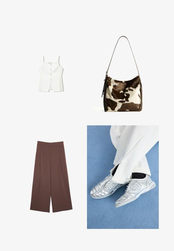 Bela brezrokavna majica z gumbi spredaj, stranskimi žepi in prilegajočim se krojem z rahlo razširjenim robom. Gladka tekstura, minimalno okrašena.; Rjave široke hlače z gladko teksturo, ki imajo visok pas in sprednje naborke. Tkanina je lahka in prosto pada.; Srebrni atletski čevlji z gladkim, sijočim zaključkom, z našitim dizajnom in številko 90 na strani, v kombinciji z belimi hlačami.; Rjav in krem torba iz kravjega usnja s gladkim usnjenim trakom, z zadrgo in mehko, strukturo površino, ki prikazuje naravni vzorec.