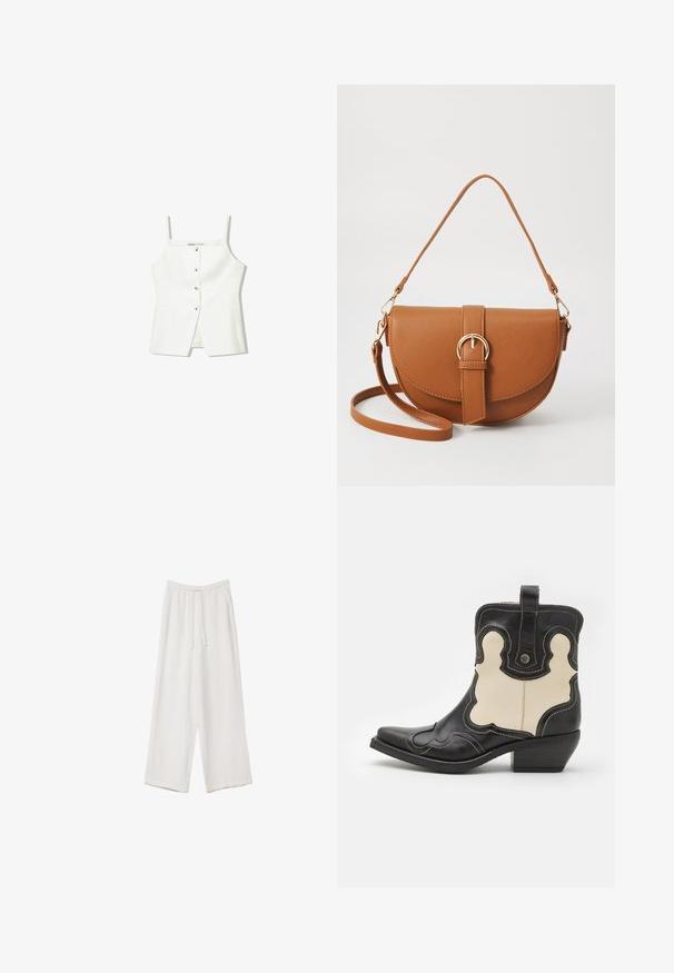 Bílý bezrukávový top se zapínáním na knoflíky vpředu, postranními kapsami a přiléhavým střihem s mírně rozšířeným lemem. Hladká textura, minimální detaily.; Bílé široké kalhoty vyrobené z lehké tkaniny. Mají elastický pas se šňůrkou a boční kapsy. Hladká textura.; Černé a krémové kožené kovbojské boty s bílým prošíváním, špičatou špičkou, zakřivenými vzory a krátkým klínovým podpatkem. Ucho na zadní straně.; Hnědá kožená křížová taška s zakřiveným tvarem, zlatými detaily a akcentem s přezkou. Obsahuje odnímatelný popruh na rameno.