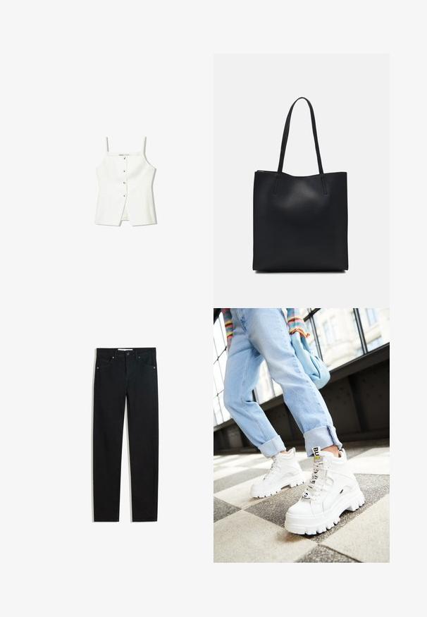 Witte mouwloze top met een knopenfront, zijzakken en een getailleerd ontwerp met een licht uitlopende zoom. Soepele textuur, minimale details.; Zwarte denimbroek met een recht silhouet, vijf zakken, metalen knoopsluiting en subtiele stikdetails. Gladde textuur.; Witte chunky sneakers met dikke zolen, veter-sluiting aan de voorkant en een merketiket. Draagt met lichtblauwe opgerolde jeans op een patroonvloer.; Zwarte leren handtas met een gladde textuur, rechthoekige vorm en twee lange handvaten. Geen zichtbare hardware of versieringen.