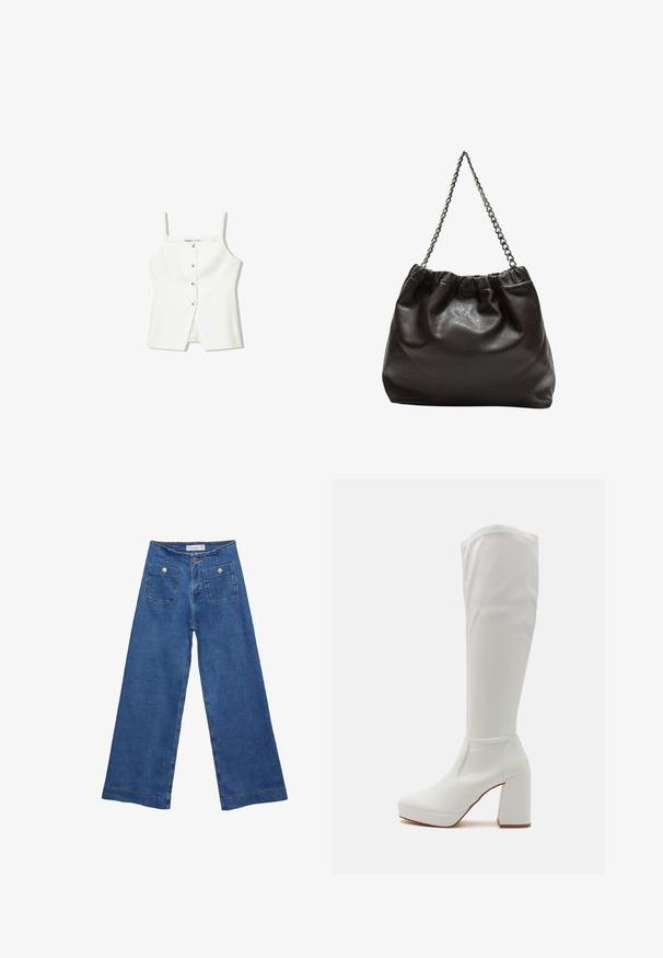 Biała bezrękawnik z guzikiem z przodu, bocznymi kieszeniami i dopasowanym krojem z lekko rozszerzaną dolną częścią. Gładka tekstura, minimalne detale.; Jeans dżinsowe o szerokich nogawkach w średnim niebieskim odcieniu, z dwiema przednimi kieszeniami zapinanymi na guziki oraz przeszyciami wzdłuż dołów nogawek.; RAID CANNON biały; Brązowa skórzana torba z marszczonym szczytem i łańcuszkowym paskiem. Gładka tekstura z błyszczącym wykończeniem i subtelnymi detalami szwów po bokach.