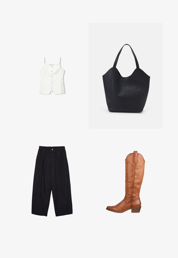Biała bezrękawnik z guzikiem z przodu, bocznymi kieszeniami i dopasowanym krojem z lekko rozszerzaną dolną częścią. Gładka tekstura, minimalne detale.; Czarne spodnie culotte z poliestru z elastycznym pasem, dwoma fałdami z przodu i luźnym krojem. Brak widocznych wzorów lub elementów metalowych.; Brązowe skórzane kozaki do kolan z lekko spiczastym noskiem, ozdobnym przeszyciem i umiarkowanym obcasem. Teksturowane wykończenie z pętelką z tyłu.; Czarna torba na ramię wykonana z gładkiej skóry, z zaokrąglonym, otwartym topem i dwoma paskami na ramię oraz minimalistycznym designem.