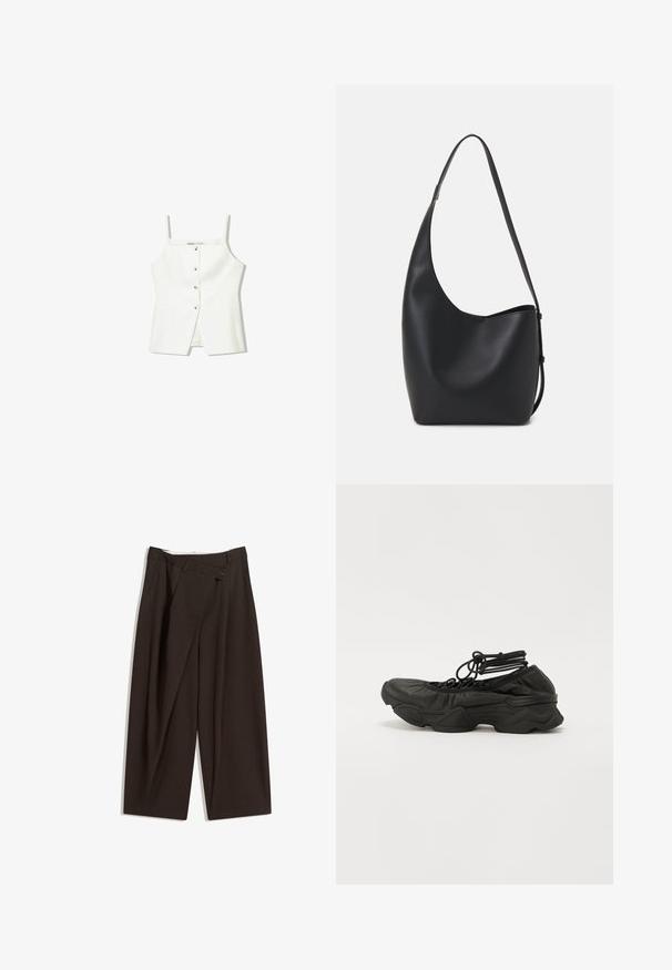 Top bianco senza maniche con bottini frontali, tasche laterali e un design aderente con orlo leggermente svasato. Texture liscia, minimalista nei dettagli.; Pantaloni a gamba larga marrone scuro con vita alta, dotati di una chiusura con bottone singolo e una parte anteriore plissettata. Realizzati in tessuto leggero.; Scarpa sportiva nera con tomaia in pelle testurizzata, punta arrotondata e suola spessa. Lacci fissati con asole alla caviglia per una vestibilità aderente.; Borsa hobo nera in pelle con una superficie liscia, forma curvata e una singola tracolla regolabile; presenta un'ampia apertura nella parte superiore.