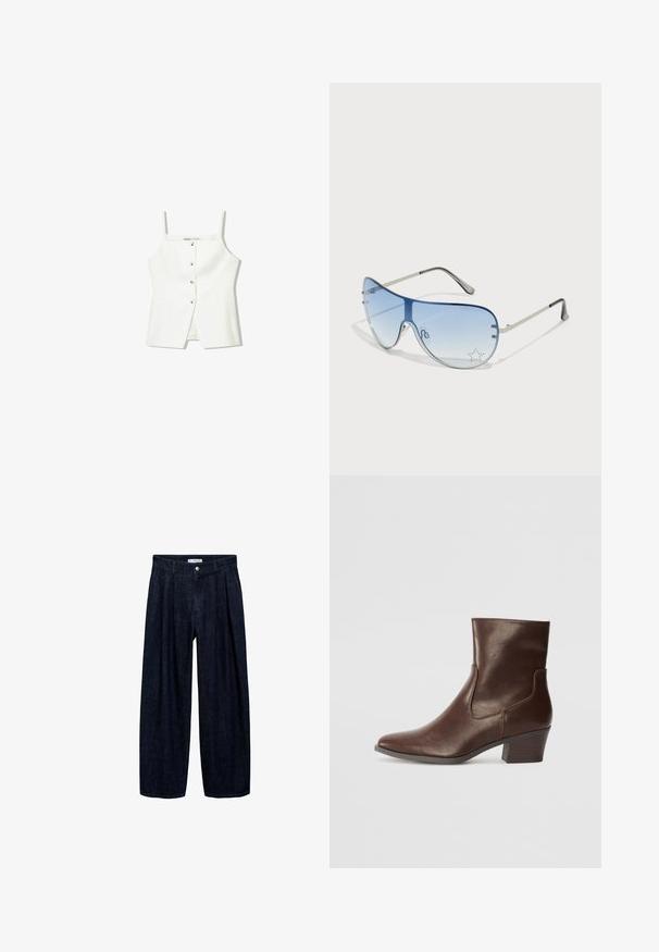 Bijela bezrukavna majica s dugmadi sprijeda, bočnim džepovima i prilagođenim dizajnom s lagano raširenim rubom. Glatka tekstura, minimalni detalji.; Tamno plave široke hlače s plisama na struku, s prednji gumbom i petljama za remen. Glatka tekstura i dizajn punih dužina.; Smešani smeđi kožni gležnjača s šiljastim vrhom i blok petom. Sadržava bočne izreze i glatku teksturu, dizajnirana za prilagođeni siluetu.; Naočale tipa avijatičar s gradijentnim plavim staklima, okvirom od srebrnog metala i dekorativnim zvjezdastim naglascima na staklima. Glatki i elegantni dizajn.
