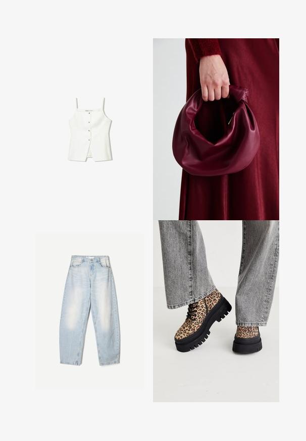White sleeveless top featuring a button front, side pockets, and a fitted design with a slightly flared hem. Smooth texture, minimal detailing.; Light blue denim jeans with a loose fit, featuring a faded finish, two front pockets, and a button closure at the waistband.; Steve Madden COAST - Lace-up ankle boots - brown/multi-coloured; Burgundy leather handbag with a soft, gathered design and a rounded shape. The handle is secured, showcasing a smooth texture.