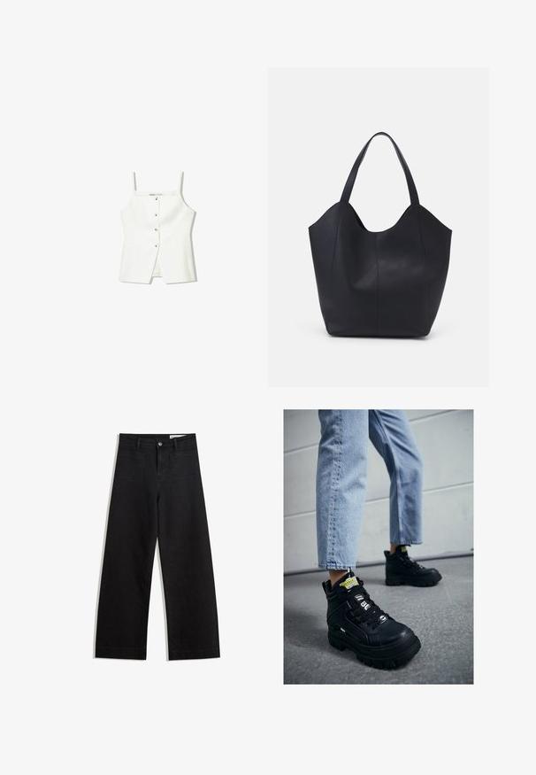 Biała bezrękawnik z guzikiem z przodu, bocznymi kieszeniami i dopasowanym krojem z lekko rozszerzaną dolną częścią. Gładka tekstura, minimalne detale.; Czarne dżinsowe spodnie o szerokich nogawkach i wysokim stanie, z przednimi i tylnymi kieszeniami, przeszyciami oraz zapięciem na guziki. Gładka struktura.; Czarne sneakersy za kostkę z masywną podeszwą, z sznurowanym designem, akcentami w postaci logo i żółtymi metkami. Noszone z jasnoniebieskimi, skróconymi dżinsami.; Czarna torba na ramię wykonana z gładkiej skóry, z zaokrąglonym, otwartym topem i dwoma paskami na ramię oraz minimalistycznym designem.