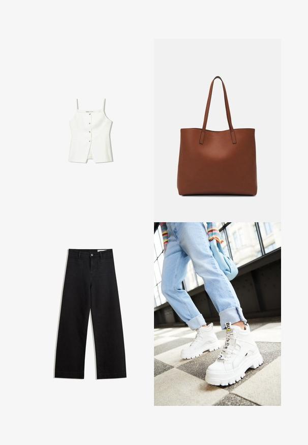 Witte mouwloze top met een knopenfront, zijzakken en een getailleerd ontwerp met een licht uitlopende zoom. Soepele textuur, minimale details.; Zwarte denim broek met wijde pijpen en een hoge taille, voorzien van voor- en achterzakken, gestikte naden en een knoopsluiting. Gladde textuur.; Witte chunky sneakers met dikke zolen, veter-sluiting aan de voorkant en een merketiket. Draagt met lichtblauwe opgerolde jeans op een patroonvloer.; Bruine leren tote bag met een gladde textuur, een ontwerp met een open bovenkant en twee schouderbanden. Kenmerkt zich door minimale stiksels en geen zichtbare hardware.