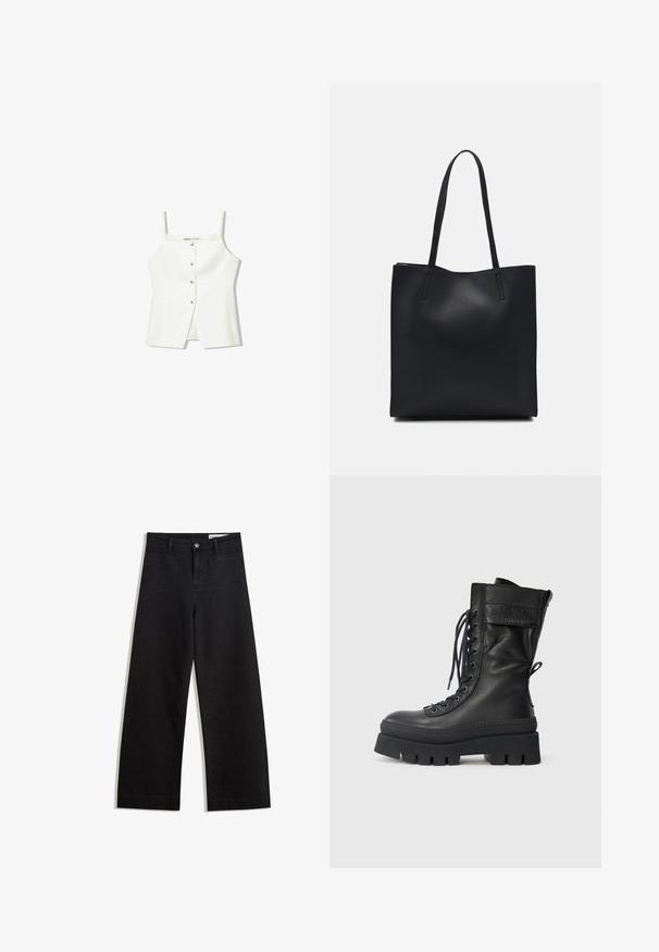 Bela brezrokavna majica z gumbi spredaj, stranskimi žepi in prilegajočim se krojem z rahlo razširjenim robom. Gladka tekstura, minimalno okrašena.; Črne široke denim hlače z visokim pasom, ki imajo sprednje in zadnje žepe, šivane šive ter gumbasto zapiranje. Gladka tekstura.; Črne usnjene vojaške čevlje z visokim delom, vezalkami spredaj, teksturiranimi detajli, debelim podplatom in šivanim okrasom. Imajo zadnji zavihak za lažje obuvanje.; Črna usnjena torba s svilnato teksturo, pravokotne oblike in dvema dolgima ročajema. Brez vidnih metalnih delov ali okrasnih elementov.