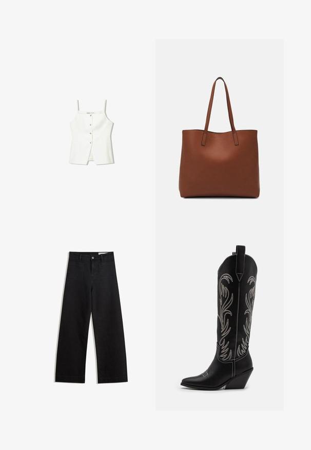 White sleeveless top featuring a button front, side pockets, and a fitted design with a slightly flared hem. Smooth texture, minimal detailing.; Black wide-leg denim pants with a high waist, featuring front and back pockets, stitched seams, and a button closure. Smooth texture.; Black leather cowboy boots with pointed toes, wedge heels, and silver embroidered floral patterns along the shaft. Contrast stitching throughout.; Brown leather tote bag with a smooth texture, open top design, and two shoulder straps. Features minimal stitching and no visible hardware.