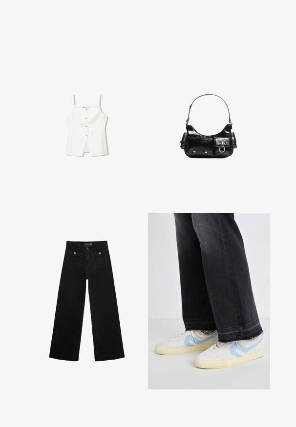 Bijela bezrukavna majica s dugmadi sprijeda, bočnim džepovima i prilagođenim dizajnom s lagano raširenim rubom. Glatka tekstura, minimalni detalji.; Crne široke traperice s visokim strukom, koje imaju dva prednja džepa i metalne gumbe kao ukrase. Tkanina ima glatku teksturu.; Bijele tenisice s svijetloplavim naglascima, teksturirani antilop i gumeni potplati, u kombinaciji s iznofrkanim crnim trapericama širokog kroja.; Crna patentna kožna torba s zakrivljenim oblikom, jednim remenom za rame, prednjim džepovima i akcentima od srebrnog tona.