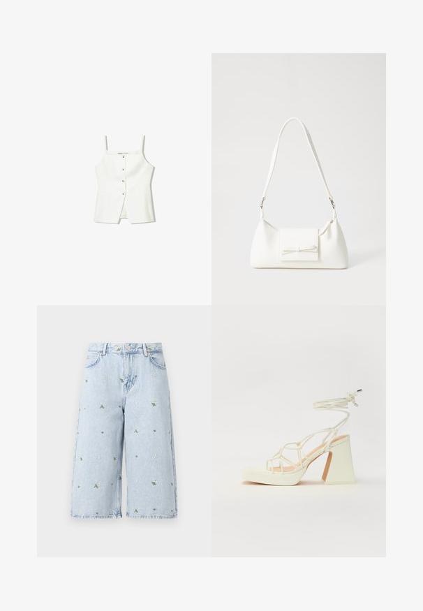 White sleeveless top featuring a button front, side pockets, and a fitted design with a slightly flared hem. Smooth texture, minimal detailing.; Light wash denim shorts with floral embroidery, featuring daisies and green leaves. Classic five-pocket design and a frayed hem.; White high-heeled sandal with a chunky heel, featuring a strappy design and ankle tie. Smooth texture with a platform front for added height.; White synthetic handbag with a triangular shape, flat front flap and bow detail, adjustable strap, smooth texture, and minimalistic design.