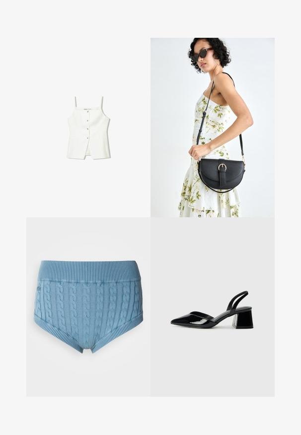 Bijela bezrukavna majica s dugmadi sprijeda, bočnim džepovima i prilagođenim dizajnom s lagano raširenim rubom. Glatka tekstura, minimalni detalji.; Svijetloplave pamučne gaćice s rebrastim pojasom i pletenom teksturom. Prednja i stražnja strana imaju horizontalne pruge na rubovima.; Crne lakirane kožne sandale s otvorenom petom i špicastim vrhom, s geometrijskom blok petom. Imaju elegantan, minimalistički dizajn i glatku teksturu.; Crna kožna torba s lukovitim oblikom, odvojivim remenom i zlatnim detaljima. Torba ima preklop s kopčom.