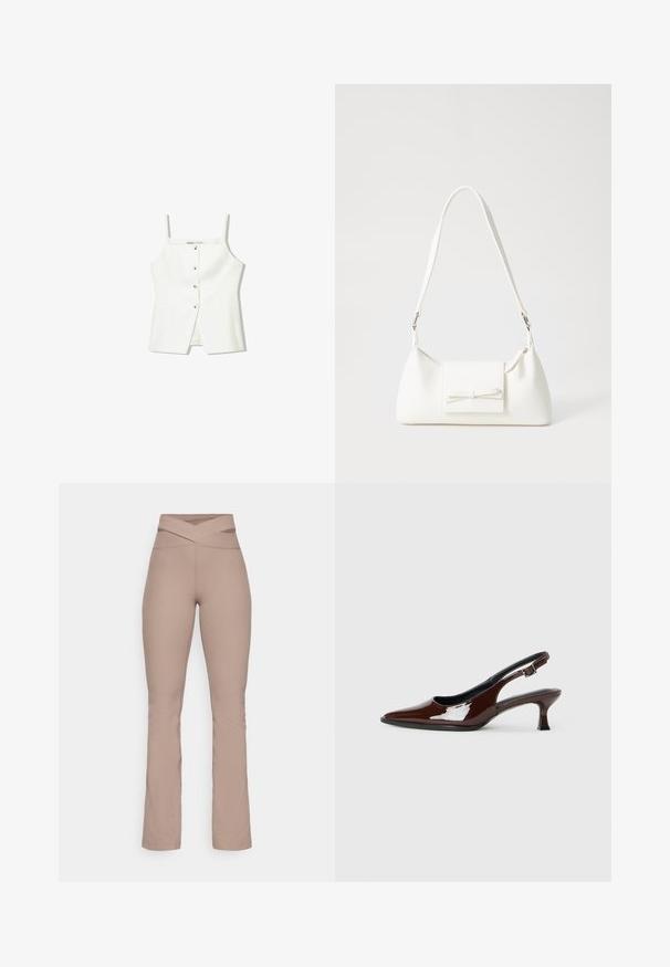 Top bianco senza maniche con bottini frontali, tasche laterali e un design aderente con orlo leggermente svasato. Texture liscia, minimalista nei dettagli.; Pantaloni flare beige a costine con una fascia alta incrociata in vita. Texture liscia e forma aderente, che si restringe dal ginocchio all'orlo. Dettagli delle cuciture visibili.; Scarpa slingback in pelle verniciata marrone con punta affusolata e tacco moderato. Presenta una fascia con fibbia per una calzata sicura. Tessuto liscio.; Borsa sintetica bianca a forma triangolare, con patta anteriore piatta e dettaglio a fiocco, tracolla regolabile, texture liscia e design minimalista.