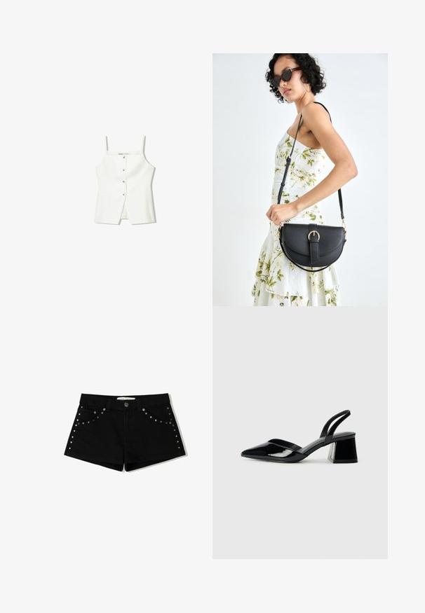 Fehér, ujjatlan felső, gombos előrészével, oldalzsebeivel és testhezálló kialakításával, enyhén bővülő aljával. Simább textúrájú, minimális részletezéssel.; Fekete farmer rövidnadrág gombos záródással, fém szegecsekkel az elülső zsebeknél és az oldalsó varrásoknál. Rövid szabás és klasszikus fazon.; Fekete lakk bőr szandálkés magas sarkú cipő, hegyes orral és geometrikus tömbsarkakkal. Karcsú, minimalista dizájn és sima textúra jellemzi.; Fekete bőrtáska ívelt formával, levehető pánttal és arany színű fémrészekkel. A táskán egy csattal díszített fedél található.