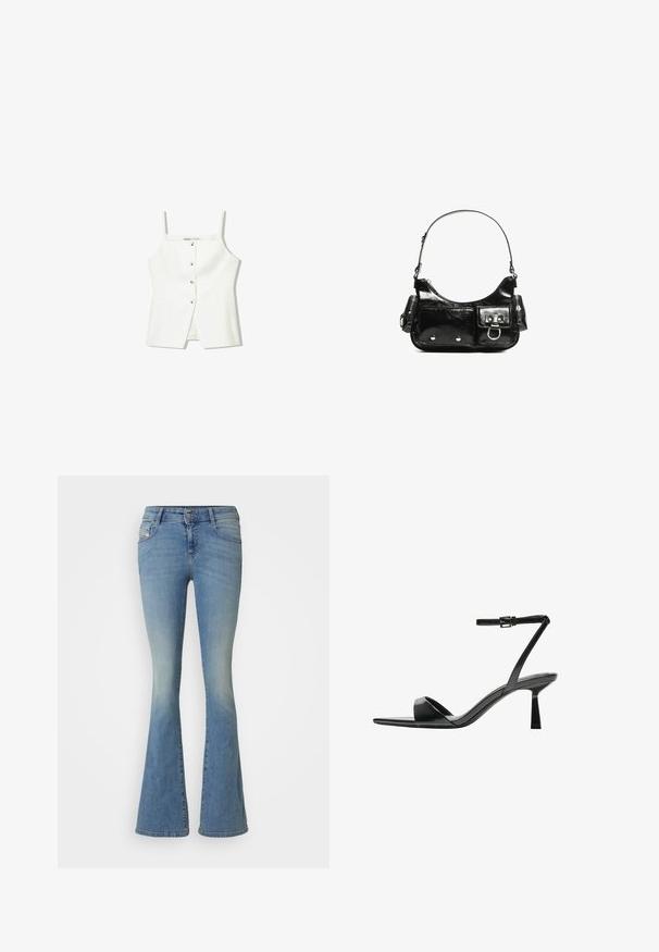 Valkoinen hihaton toppi, jossa on nappikiinnitys edessä, sivutaskut ja istuva muotoilu, jossa on hieman levenevä helma. Sileä rakenne, vähäinen yksityiskohtaisuus.; Vaaleansiniset leveälahkeiset farkut, joissa on haalistunut efekti. Varustettu napin sulkemisella, viidellä taskulla ja näkyvillä ompeleilla saumoissa.; Bershka Korolliset sandaalit - black; Mustekko mustasta kiiltonahasta valmistettu käsilaukku, jossa on kaareva muoto, yksi olkahihna, etutaskut ja hopeanväriset yksityiskohdat.