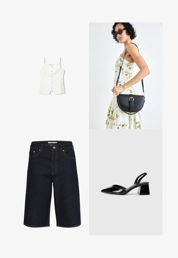 Fehér, ujjatlan felső, gombos előrészével, oldalzsebeivel és testhezálló kialakításával, enyhén bővülő aljával. Simább textúrájú, minimális részletezéssel.; Sötét farmer rövidnadrág közepes derékkal, egyenes szabással és kontrasztos narancssárga varrással. Elöl zsebekkel és gombos záródással rendelkezik.; Fekete lakk bőr szandálkés magas sarkú cipő, hegyes orral és geometrikus tömbsarkakkal. Karcsú, minimalista dizájn és sima textúra jellemzi.; Fekete bőrtáska ívelt formával, levehető pánttal és arany színű fémrészekkel. A táskán egy csattal díszített fedél található.