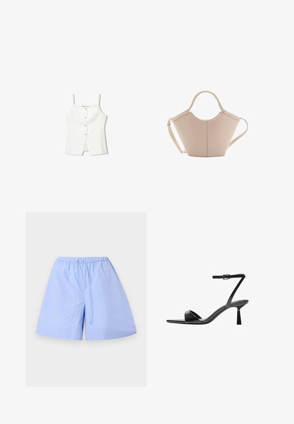 Biely top bez rukávov s gombíkovým predným zapínaním, bočnými vreckami a priliehavým strihom s mierne rozšíreným lemom. Hladká textúra, minimálne detaily.; Svetlomodré bavlnené šortky so pruhovaným vzorom, elastickým pásom a nastaviteľnou šnúrkou. Majú voľný strih a hladkú textúru.; Bershka Sandále na vysokom opätku - black; Béžová kožená kabelka s unikátnym tvarom, vybavená dvoma krátkymi uchami a jedným dlhým nastaviteľným popruhom. Hladký povrch s minimálnym kovovým príslušenstvom.