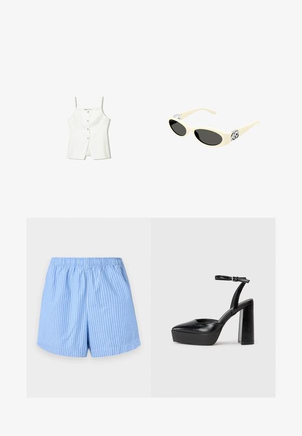 Vit ärmlös topp med knäppning fram, sidofickor och en figurnära design med svagt utsvängd nederdel. Slät textur, minimal detaljer.; Himmelblå shorts med vita vertikala ränder, elastisk midjeband, knälängd och en mjuk bomullstextur.; Svarta plattformsskor med spetsig tå och justerbart vristband. Tillverkade av mjukt läder, med en kraftig blockklack.; Krämfärgade solglasögon med oval linser, svart toning och metalliska logotypdetaljer vid bågarna. Slät yta, kattöga-design.; Burgundy läderhandväska med en mjuk, samlad design och rundad form. Handtaget är säkrat och visar en slät yta.