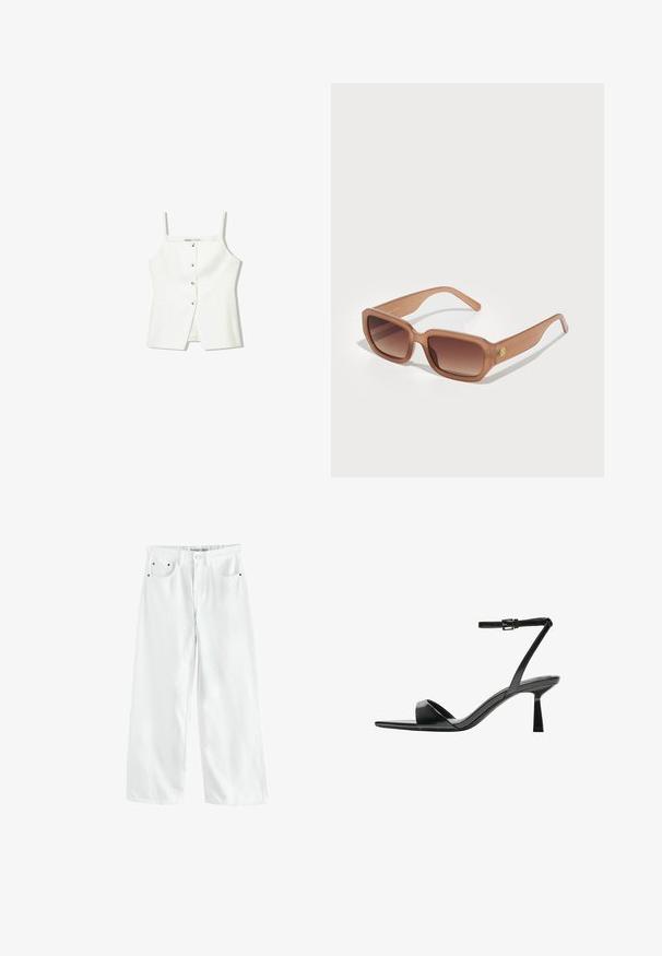 Valkoinen hihaton toppi, jossa on nappikiinnitys edessä, sivutaskut ja istuva muotoilu, jossa on hieman levenevä helma. Sileä rakenne, vähäinen yksityiskohtaisuus.; Valkoiset, leveälahkeiset farkut korkea vyötärö, kaksi etutaskua ja hienovaraiset kullanväriset yksityiskohdat. Sileä pinta, rento malli.; Bershka Korolliset sandaalit - black; Ruske su rectangularne sunčane naočale s gradijentnim staklima, debelim okvirom i logotipom sa strane. Glatki plastični materijal, minimalistički dizajn.; Ruskea nukkaohut laukku, jossa on poimittu muotoilu, ja siinä on yksittäinen vaaleanruskea nahkahihna sekä hillitty kultainen logo etuosassa.