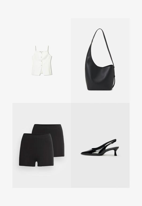 Witte mouwloze top met een knopenfront, zijzakken en een getailleerd ontwerp met een licht uitlopende zoom. Soepele textuur, minimale details.; Zwarte katoenen shorts met een gladde textuur, voorzien van een brede elastische tailleband en een aansluitend ontwerp. Twee paren worden getoond.; Zwarte lakleren slingback schoenen met een spitse neus en een lage blokhak. Verstelbare gespband bij de enkel.; Zwarte leren hobo tas met een gladde textuur, kromme vorm en een enkele verstelbare schouderband; heeft een brede opening aan de bovenkant.