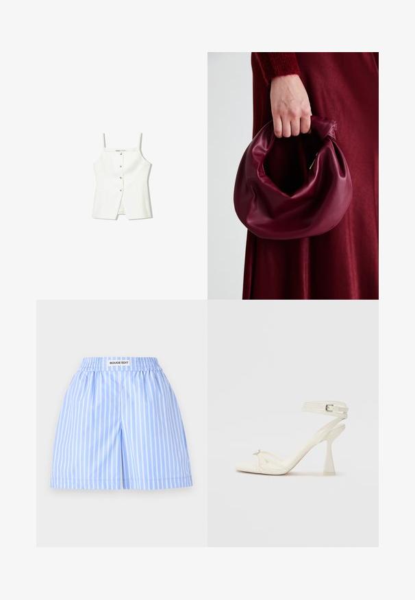 Witte mouwloze top met een knopenfront, zijzakken en een getailleerd ontwerp met een licht uitlopende zoom. Soepele textuur, minimale details.; Lichtblauwe shorts met witte verticale strepen, voorzien van een elastische tailleband met het label "ROUGE EDIT." Gladde, lichte stof met een relaxte pasvorm.; Strappy hoge hak sandaal in wit leer met een slank ontwerp, een transparante blokhak en een decoratief element bij de teen.; Bordeaux leren handtas met een zacht, gegathered ontwerp en een ronde vorm. De handgreep is stevig bevestigd en toont een gladde textuur.