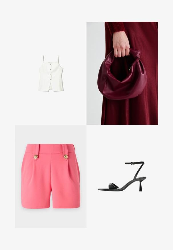 Fehér, ujjatlan felső, gombos előrészével, oldalzsebeivel és testhezálló kialakításával, enyhén bővülő aljával. Simább textúrájú, minimális részletezéssel.; Rózsaszín, puha anyagból készült rövidnadrág, két elülső pliszével, arany gomb részletekkel és testre szabott fazonnal.; Bershka Magas sarkú szandálok - black; Burgundi bőrtáska puhán ráncolt dizájnnal és kerek alakban. A fogantyú rögzítve van, sima textúrával rendelkezik.