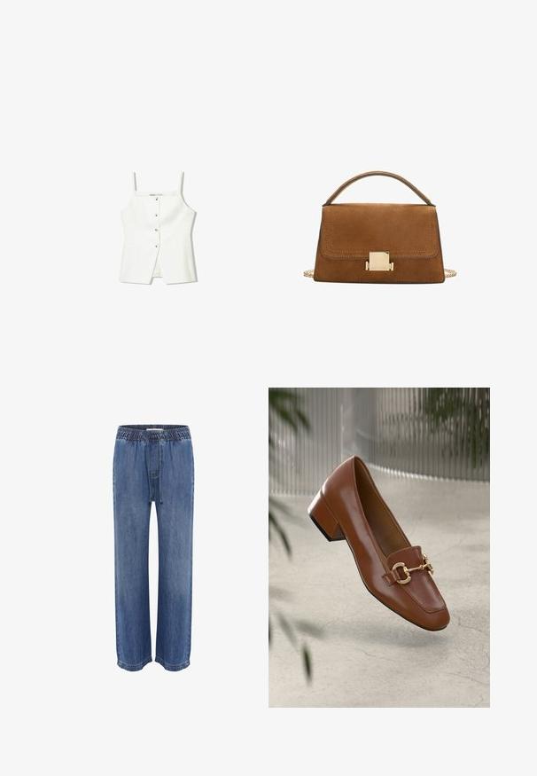 Bijela bezrukavna majica s dugmadi sprijeda, bočnim džepovima i prilagođenim dizajnom s lagano raširenim rubom. Glatka tekstura, minimalni detalji.; Plave traperice s elastičnom gumom i vezicom u struku, sa ležernim krojem i širokim nogavicama, glatkom teksturom i šavovima.; Smeđi lakirani loafer s kvadratnim vrhom, metalnim lancem kao naglaskom i niskom blok petom; glatka tekstura, minimalistički dizajn.; Smeđa suđena torbica s zlatnim kvadratnim kopčanjem, gornjom ručkom i lančanim remenom. Ima pravokutni oblik i zaobljene ivice.