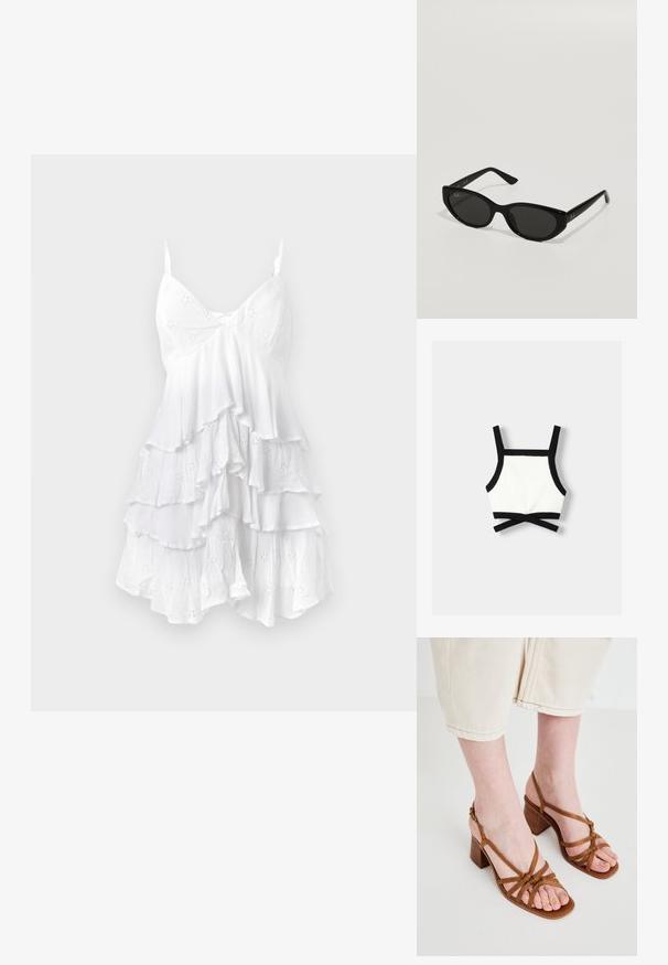 Černobílý sportovní bralet s nastavitelnými ramínky, přiléhavým střihem a křížovými zády. Vyrobeno z elastického, texturovaného materiálu.; Bílá bezramínková šaty s volánkovými vrstvami, vyrobené z lehkého materiálu s vyšívanými vzory a jemnou texturou. Návrh s výstřihem do V.; Hnědé sandály na vysokém podpatku s chunky podpatkem, s uzlovými popruhy a otevřenou špičkou. Texturovaná podrážka a nastavitelné zapínání kolem kotníku.; Černé sluneční brýle s úzkým, kočičím tvarem. Vyrobené z hladkého plastu, s tmavými skly a jemnými logo akcenty na stranách.; Kabelka na zápěstí Michael Kors v béžové potažené plátno s opakujícím se vzorem loga MK, zlatými kovovými doplňky a odnímatelným řetízkovým popruhem.