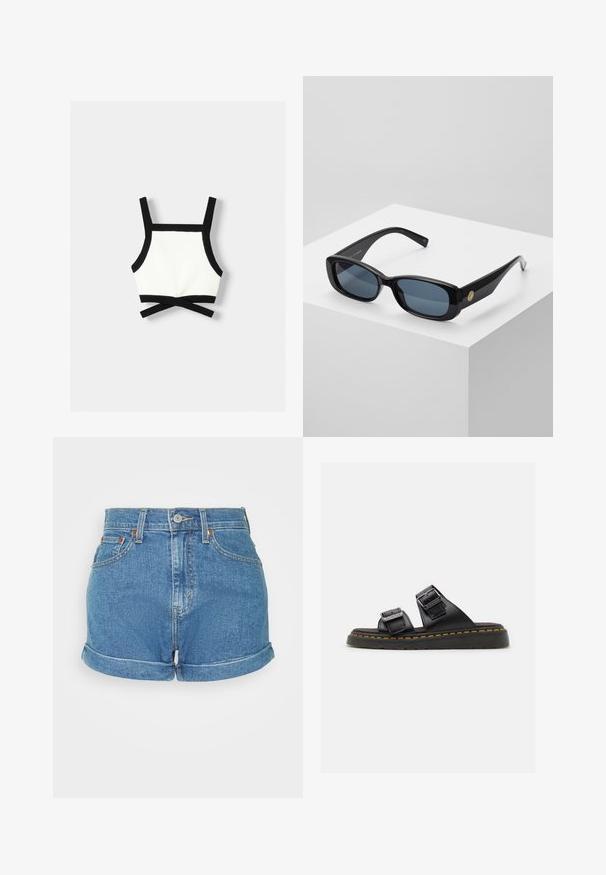 Mustat ja valkoiset urheilubraletit, joissa on säädettävät hihnat, tiukka malli ja ristiselkäyksitys. Valmistettu joustavasta, teksturoidusta materiaalista.; Vaaleansiniset korkeat farkkushortsit, joissa on käännetty lahje, viisi taskua ja metallinen nappikiinnitys, jossa on kontrastiväriset tikkaukset.; Mustat nahkasaappaat, joissa on kaksi säädettävää hihnaa metallisoljilla, teksturoitu pohja ja erottuva keltainen tikkaus reunoilla.; Mustat suorakulmaiset aurinkolasit, joissa on siniset tummennetut linssit, paksut kehykset ja kultainen pyöreä yksityiskohta sivussa. Rinnakkaisrajoitettu, kiiltävä pintakäsittely.