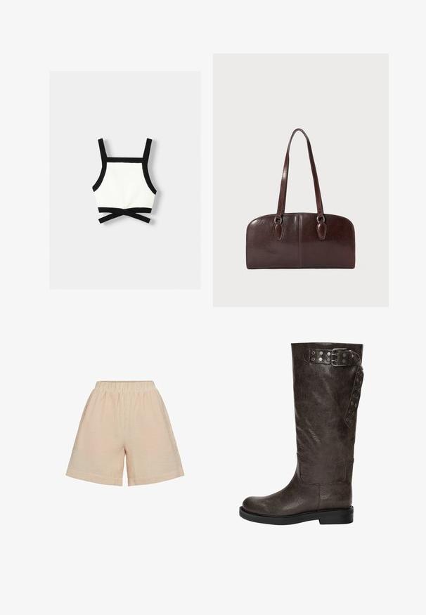 Black and white sports bralette with adjustable straps, a fitted design, and a crisscross back detail. Made of stretchy, textured material.; Moves PYNNA - Shorts - tangerine; Brown leather knee-high boot with a textured finish, featuring a buckle and snap accents on the side, and a flat rubber sole.; Brown leather handbag with two long handles, a structured rectangular shape, smooth texture, and rounded edges. Features accent details at the handles.