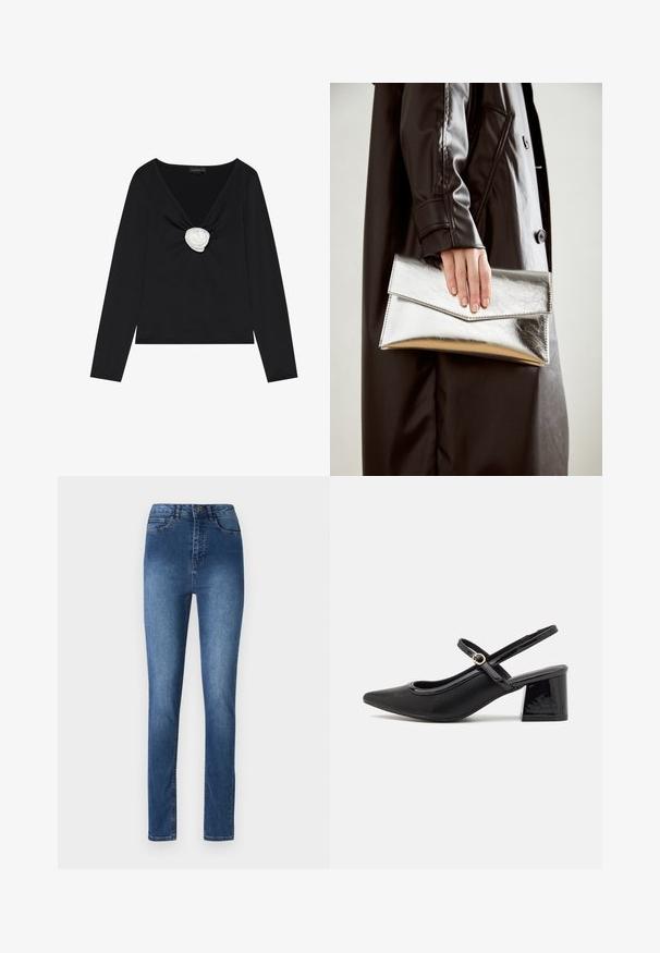 Must match musta pikkade varrukatega topp, millel on sügav V-kaelus ja valgest kangast roosi aksent keskel. Sile tekstuur koos keha ümber õnnestuva siluetiga.; Sinine teksapüksid kitsas lõikes, keskmise kõrgusega vöökoht, viis taskut ja delikaatsed õmbluse detailid. Sile tekstuur ja klassikaline disain.; Mustad läikivad nahast slingback-kõrged kontsad, millel on terav nina, ümar lõikekujundus ja blokknina. Omab kuldset nupu aktsenti.; Hõbedane metallist kott, millel on nurkne ümbriku disain, sile tekstuur ja kontrastne sisekuju, hoituna musta jope käes.