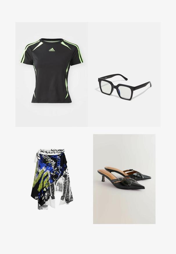 Sort atletisk T-shirt med korte ærmer, grønne detaljer på skuldrene og siderne, lavet af et glat, fleksibelt materiale.; Desigual ASYMMETRIC - Maxinederdele - black; Sorte læder slingback hæle med spidse tæer, der har dekorative remme og øjepletter, på en beskeden stiletto hæl. Glat tekstur.; Sorte firkantede solbriller med mat finish, udstyret med transparente linser og en svag blå nuance på den ene side. Robust, vinkelret design.; PULL&BEAR SHOPPER - Shopping bags - grey