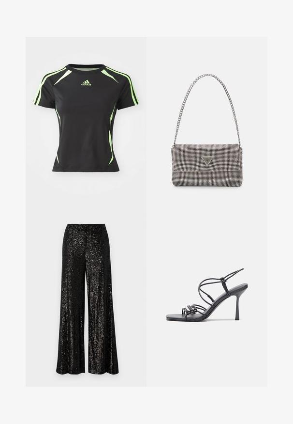 Black athletic t-shirt featuring short sleeves, green accents on the shoulders and sides, made from a smooth, flexible material.; Black, sequined, wide-leg pants with a loose fit and elastic waistband. The surface features a shiny, reflective texture with vertical stripes.; Black high-heeled sandals feature thin straps with a knotted design, a smooth square toe, and a sleek stiletto heel.; Light gray metallic handbag featuring a chain strap, embellished with small circular metallic studs and a triangular brand logo.; Silver hoop earrings with a smooth, shiny finish. Rounded shape, lightweight design, featuring a post-back closure.