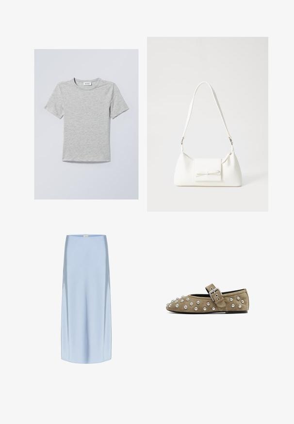 T-shirt grigio chiaro a maniche corte realizzato in un tessuto morbido. Presenta un colletto rotondo e linee semplici e pulite senza motivi o decorazioni.; Gonna midi in seta di colore azzurro chiaro, caratterizzata da una texture liscia e lucida, silhouette dritta e una sottile lucentezza. L'orlo termina appena sotto il ginocchio.; Scarpa flat in suede color taupe con borchie metalliche sulla punta e cinturino in pelle con fibbia argentata. Punta arrotondata e suola piatta.; Borsa sintetica bianca a forma triangolare, con patta anteriore piatta e dettaglio a fiocco, tracolla regolabile, texture liscia e design minimalista.