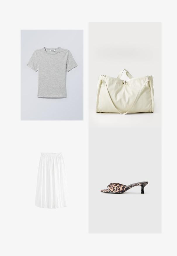 Tricou scurt cu mânecă scurtă, de culoare gri deschis, confecționat dintr-un material moale. Dispune de un guler rotund și linii simple, curate, fără modele sau ornamentații.; Fustă albă, până la genunchi, cu o talie elastică gathered și un design fluid. Fabricată dintr-un material ușor, cu o textură netedă.; Muli cu imprimeu de leopard, cu toc stiletto jos, negru. Întipper din material moale, cu un detaliu nod în față și o talpă plată, netedă.; Geantă tote sintetică albă cu o textură moale, dotată cu două mânere superioare, un închizător central cu sfoară și detalii de cusătură minime.