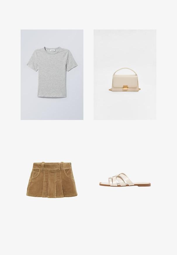 Světle šedé tričko s krátkým rukávem vyrobené z měkké látky. Má kulatý výstřih a jednoduché, čisté linie bez vzorů či ozdob.; Mango Áčková sukně - khaki; Ploché sandály s hnědou gumovou podrážkou, navržené se třemi překrývajícími se bílými koženými řemínky a malým mašlí uprostřed.; Bežová kožená kabelka se strukturovaným designem, horním uchycením, řetězovým popruhem a zlatým kováním. Hladký povrch a čisté linie.
