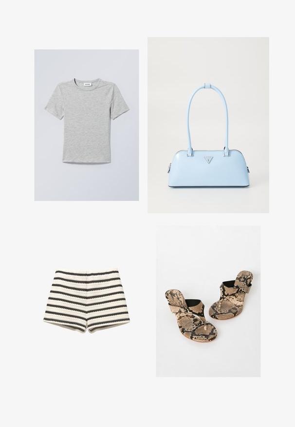 Lys grå kortærmet t-shirt lavet af blødt stof. Har en rund halsudskæring og enkle, rene linjer uden mønstre eller dekorationer.; Stribede shorts i lys beige og mørk grå, med en tekstureret vævning og en tætsiddende design. Kantet i kanten med matchende stof.; Friends Like These Sandaler m/ tåsplit - snake print; Lyseblå håndtaske med en struktureret form, glat lædermateriale, to hanke og et trekantet brandlogo på fronten. Lynlås lukning.