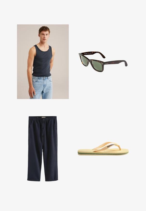 Ung mand med kort krøllet hår iført en marineblå ærmeløs trøje og lyseblå jeans foran en ensfarvet beige baggrund.; Marineblå afslappede bukser med elastisk talje og snøre, med sidelommer og lige ben.; Gul gummichin med tekstureret sål, tynde stropper og multicolore striber langs sålen. Brandlogo på stropperne.; Wayfarer-solbriller med mørk skildpaddeplastikramme, grønne linser og sølvfarvet Ray-Ban-logo på stængerne.