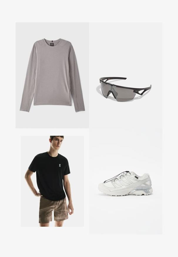 Graues Langarmshirt mit rundem Halsausschnitt, seitlichen Schlitzen und glattem, elastischem Stoff. Minimalistisches Design ohne Muster oder Verzierungen.; On PERFORMANCE AOP - Kurze Sporthose - cinder; Weißer Sportschuh mit einem strukturierten Mesh-Obermaterial, reflektierenden Akzenten und einer gepolsterten Sohle. Verfügt über elastische Schnürsenkel und graue Details.; Sportsonnenbrille mit schwarzem Rahmen, grauen Gläsern, aerodynamischem Design und kantiger Form; verfügt über betonte Bügel und Nasenbrücke.