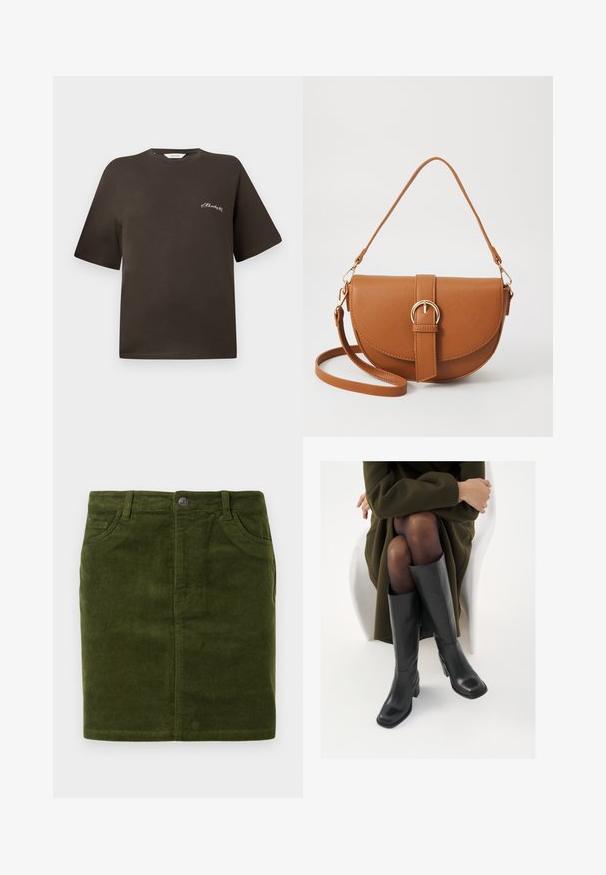 Camiseta de algodão castanha com mangas curtas, corte relaxado, decote redondo, apresentando um pequeno texto bordado em branco no lado esquerdo do peito.; Saia de veludo côtelê verde escura com corte reto, apresentando um design de cinco bolsos e um fecho de botão metálico na cintura.; Botas de couro pretas até ao joelho com biqueira quadrada e salto em bloco, apresentadas com um modelo sentado num casaco verde-azeitona. Textura lisa, com detalhes mínimos.; Bolsa transversal de couro castanho com um formato curvado, ferragens douradas e um detalhe de fivela. Inclui uma alça de ombro destacável.
