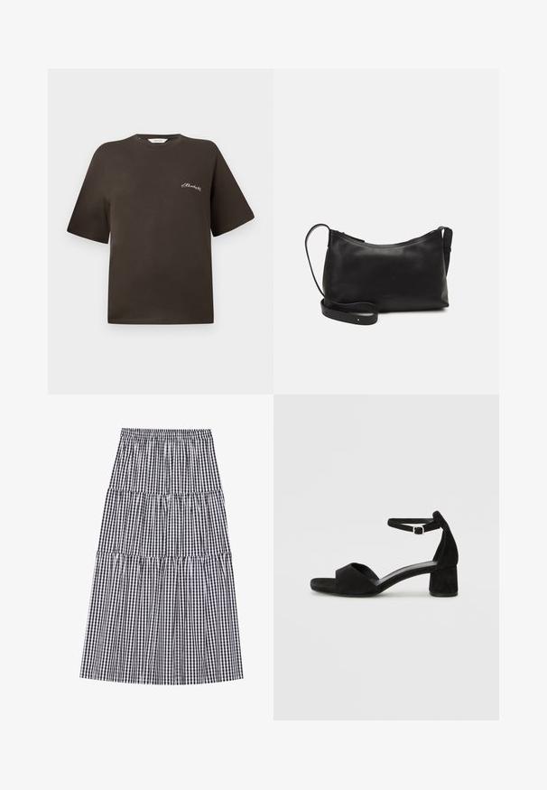 Rjava bombažna majica s kratkimi rokavi, sproščenega kroja, okroglega ovratnika, z majhnim belim vezenim napisom na levem prsnem delu.; Črno-bela gingham vzorčasta večplastna krila z elastičnim pasom. Ponuja več naborkov in tekoč silhuet.; Črne zamshe sandale na peto z tankim trakom okoli gležnja, odprto konico in zmerno blok peto. Gladka tekstura in minimalni detajli.; Črna usnjena torba čez ramo z gladko teksturo, ukrivljeno obliko, nastavljivim trakom in zadrgo. Minimalističen dizajn brez okrasnih detajlov.