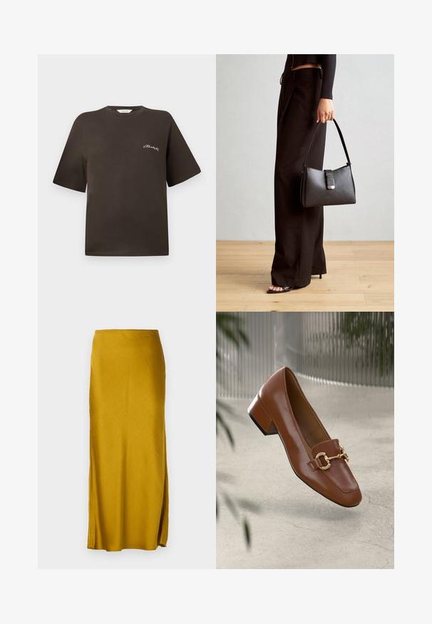 Ruda medvilnės marškinėliai su trumpomis rankovėmis, laisva silueto forma, apvaliu iškirpimu, su nedideliu baltu siuvinėtumu kairiajame krūtinės kampe.; Dižlapiškos geltonos spalvos maksi sijonas, pagamintas iš lygaus audinio, su tiesia siluetu. Yra šoninė skeltė ir elastinga juostos juosta.; Rudi lakinės odos loafer'iai su kvadrato formos nosimi, metalinėmis grandinėlių detalėmis ir žemu blokiniu kulnu; sklandus tekstūra, minimalistinis dizainas.; Juodas rankinė struktūrizuota forma, lygi tekstūra ir metalinis užsegimas. Suporuota su plačiomis juodomis kelnėmis ir atvirais bateliais ant medinių grindų.