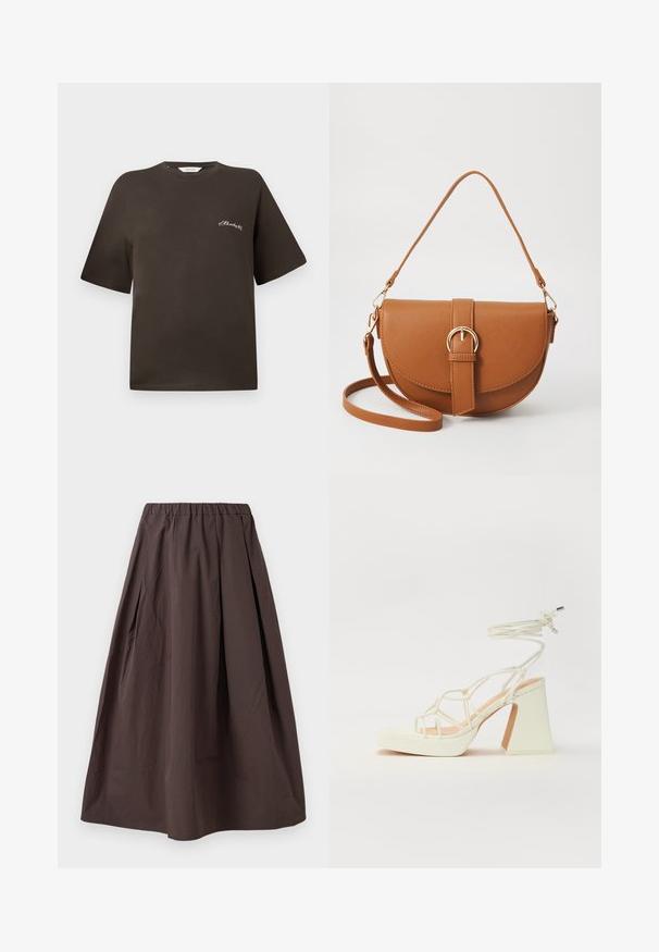 Camiseta de algodón marrón con mangas cortas, corte relajado, escote redondo, que presenta un pequeño texto bordado en blanco en el lado izquierdo del pecho.; Falda midi de color marrón con cintura elástica y sutiles pliegues sobre un fondo blanco.; Sandalia de tacón alto blanca con un tacón grueso, que presenta un diseño de tiras y un lazo en el tobillo. Textura suave con una plataforma en la parte delantera para mayor altura.; Bolso bandolera de cuero marrón con forma curvada, herrajes dorados y un acento de hebilla. Incluye una correa de hombro desmontable.