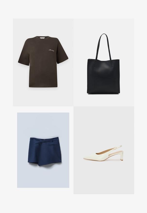 Brown cotton t-shirt with short sleeves, relaxed fit, round neckline, featuring a small white embroidered text on the left chest.; Navy blue shorts with a flat front, side pockets, and a rear pocket. Smooth fabric with a tailored appearance and stitched accents.; White patent leather slingback shoe with a pointed toe and a low block heel. Features a subtle strap with a gold-tone buckle detail.; Black leather tote bag with smooth texture, rectangular shape, and two long handles. No visible hardware or embellishments.