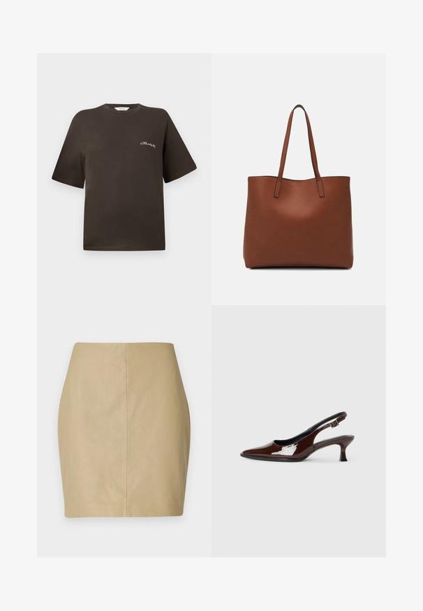 Brun bomull t-skjorte med korte ermer, avslappet passform, rund hals, med liten hvit brodert tekst på venstre bryst.; Beige skinnskjørt med et tettsittende design, glatt tekstur og en sentral søm som går vertikalt nedover bak.; Brune patentlæder slingback sko med spids tå og moderat hæl. Har en spænde rem for sikker pasform. Glat tekstur.; Brun lær tote veske med en jevn tekstur, åpen toppdesign og to skulderstropper. Har minimal søm og ingen synlige spiker.