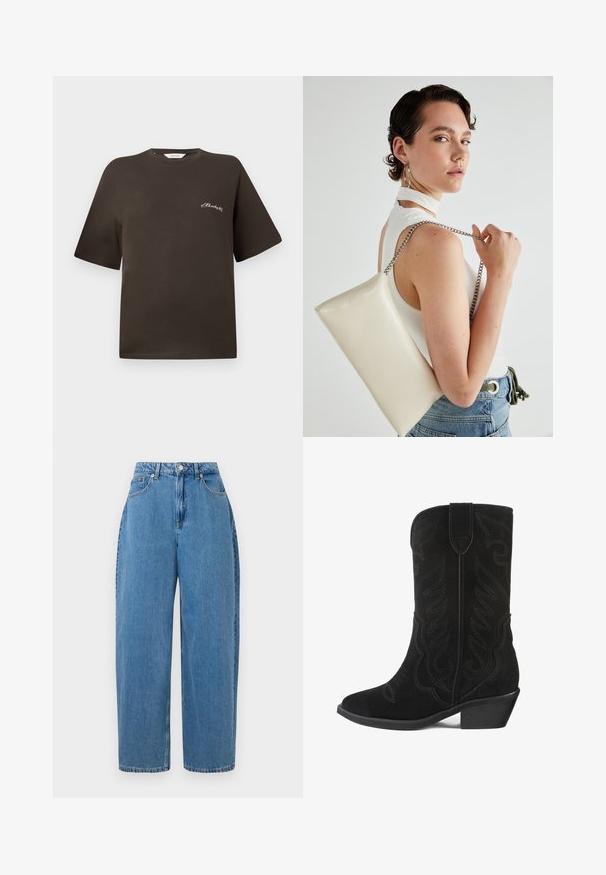 Pruun puuvillane T-särk lühikeste varrukatega, mugav lõige, ümmargune kaelus, millel on vasakul rinnal väike valge broderiis.; Heledad denim püksid, sirge sääre lõikega, kõrge vöökoht ja eesmine nuppe sulgemine. Omab viit taskut ja minimaalseid õmblusdetailide.; Mustadest sametist teksasaapad, millel on tikitud lillemuster, terav nina ja madal plokkheel. Omab pikka varrast ja tõmbeäärt.; Valge ristkülikuline kotti, mis on valmistatud läikivast materjalist, hõbedase ahelsangaga. Mudel poseerib, tutvustades kotti ühtlase taustaga.