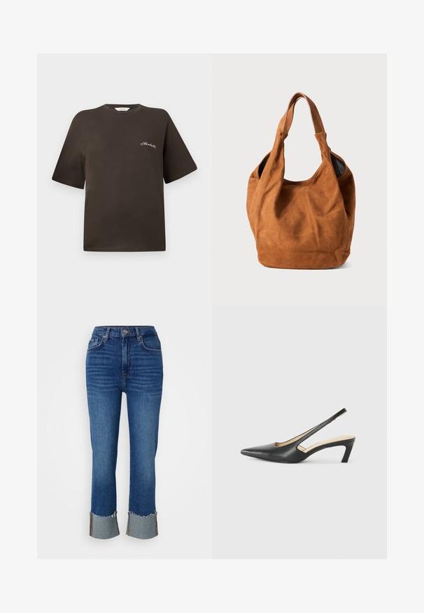 Brūns kokvilnas T-krekls ar īsām piedurknēm, brīvā piegriezumā, ar apaļu kakla izgriezumu, ar mazu baltu izšuvumu kreisajā krūšu daļā.; 7 for all mankind LOGAN STOVEPIPE EXPLORER - Džinsi ar taisnām starām - mid blue; Melna, ar smailu purngalu, slingback kurpe ar zemu papēdi, izgatavota no gludas ādas materiāla un ar izgriezumiem sānos gaisa caurlaidībai.; Brūna zamša plecu soma ar maigu tekstūru, izliekta forma un divi rokturi. Iezīmē minimālistisku dizainu bez redzamām detaļām vai akcentiem.
