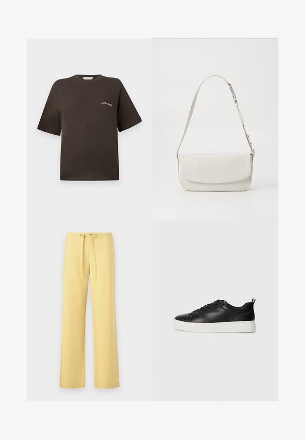 Tricou din bumbac maro cu mâneci scurte, croială lejeră, decolteu rotund, având un mic text brodat alb pe pieptul stâng.; Pantaloni galbeni, ușori, dintr-un amestec de bumbac cu un brâu cu șnur, cu picioare drepte și fără modele sau accente vizibile.; Adidași din piele negri, cu partea de sus joasă, șireturi negre și talpă groasă din cauciuc alb, văzuți din exterior pe un fundal alb.; Geantă de umăr din piele albă, cu o finisare netedă, formă rectangulară, închidere cu clapetă și curea ajustabilă. Detaliu simplu de cusătură.