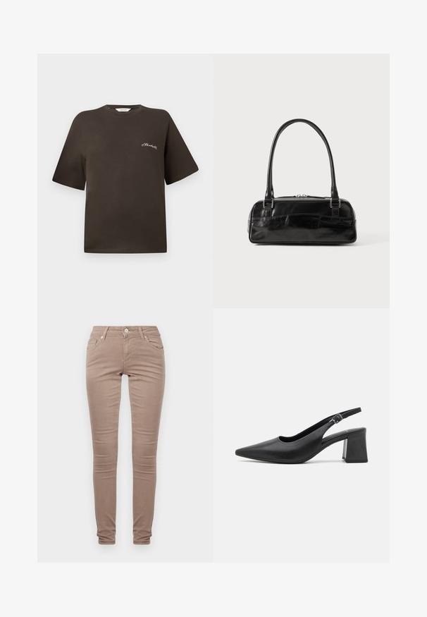 T-shirt en coton marron avec des manches courtes, coupe décontractée, col rond, présentant un petit texte brodé blanc sur la poitrine gauche.; Pantalons skinny en tissu brun clair, avec un design classique à cinq poches, fermeture éclair et une finition texturée subtile.; Chaussure à talon en cuir noir, à dos nu, avec un bout pointu et un large talon bloc. Elle dispose d'une sangle réglable avec une boucle en métal.; Sac à main en cuir noir de forme rectangulaire, doté d'une seule ansse structurée, de quincaillerie argentée et d'une fermeture éclair. Texture lisse.