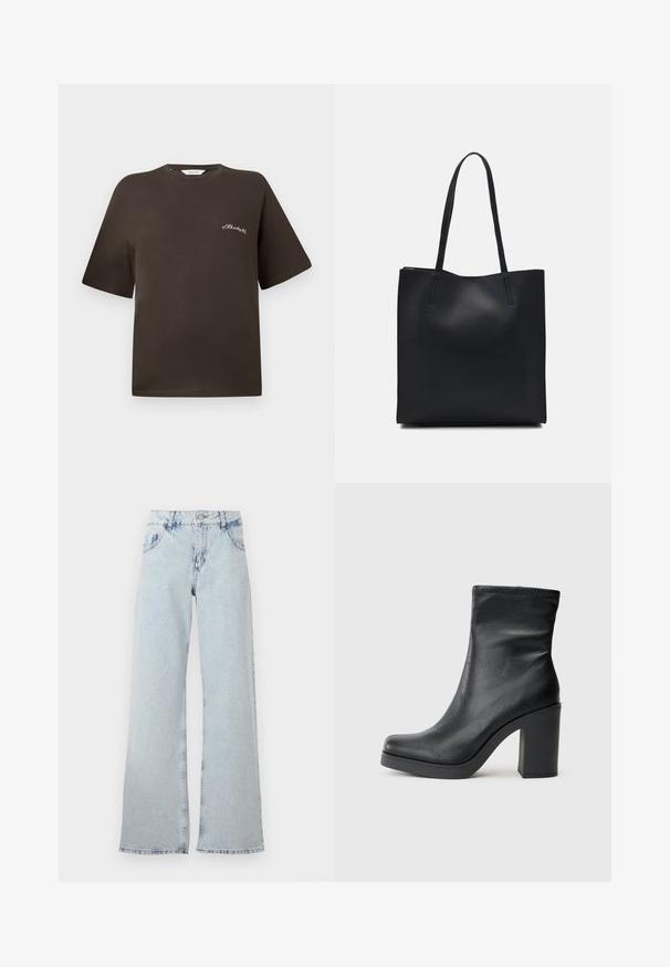 Smeđa pamuk majica s kratkim rukavima, opuštenog kroja, okruglog izreza, sa malim bijelim vezivom na lijevoj strani prsnog dijela.; Svijetloplave široke traperice s visokim strukom, pet džepova, petlja za remen i izblijedjeli dijelovi za vintage izgled.; Crne kožne gležnjače s visokim blok petama, glatke teksture, uskog dizajna i sa šivenim detaljima na vrhu.; Crna kožna torba za nošenje s glatkom teksturom, pravokutnim oblikom i dvije duge ručke. Nema vidljivih metalnih dijelova ili ukrasa.